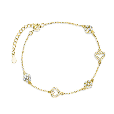Forgyldt armbånd, blomster og hjerter med hvide zirkoner Forgyldt armbånd, blomster og hjerter med hvide zirkoner