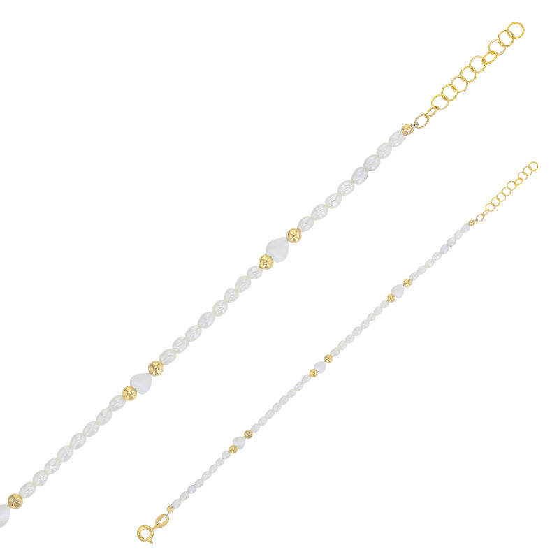 LAVAL Guldfarvet sterlingsølv armbånd med dyrkede ferskvandsperler, hjerter og guldperler 16+3cm (318738D)