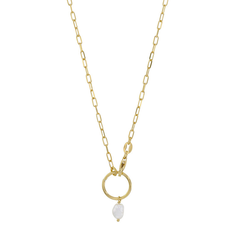 LAVAL Guldfarvet sterlingsølv halskæde med syntetisk perle og hoop (317871D)