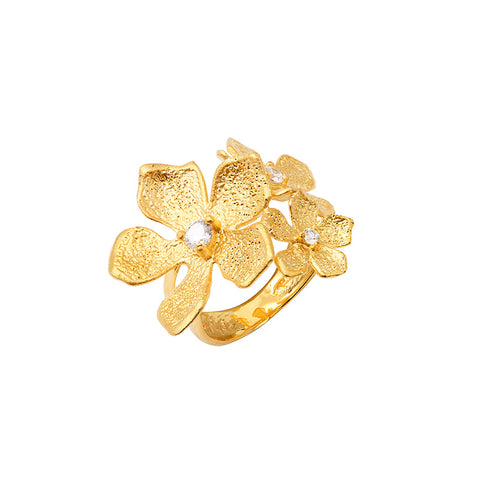LAVAL Ring Blomster og Cubic zirconia, guldfarvet sterlingsølv 925