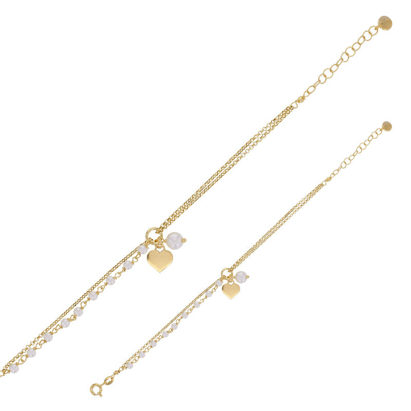 LAVAL To-strenget guldfarvet 925 sterlingsølv hjertearmbånd med syntetiske perler (318712D)