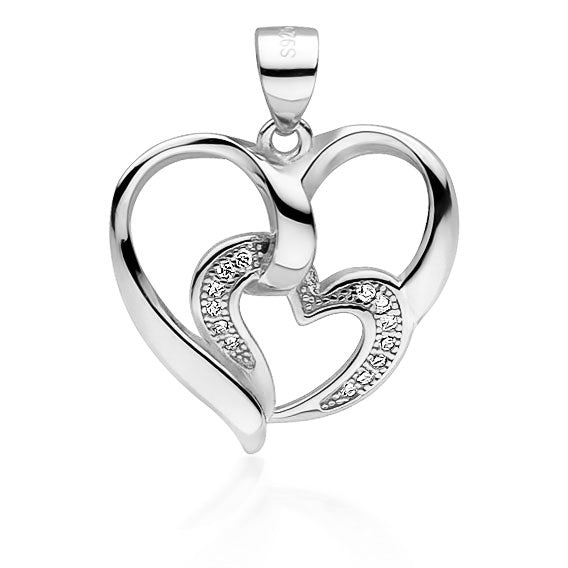 Sølv (925) hjerte vedhæng med mindre hjerte med zirkoner (flere varianter)
