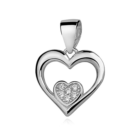 Sølv (925) vedhæng hvid zirconia - lille hjerte i stort hjerte (9523)